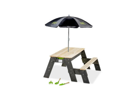 Exit Toys Aksent table d'activités sable et eau et de pique-nique avec banc et couvercle 94x94 cm + parasol et outils de jardinage