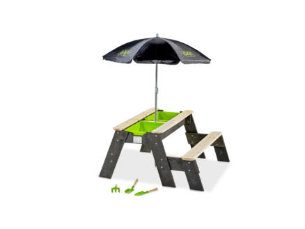 Exit Toys Aksent zand- water- en picknicktafel met bankje en deksel 94x94 cm + parasol en tuingereedschap