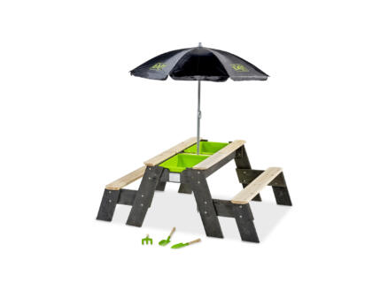Exit Toys Aksent table d'activitÃ©s sable et eau et de pique-nique avec bancs et couvercle 120x94 cm + parasol et outils de jardinage